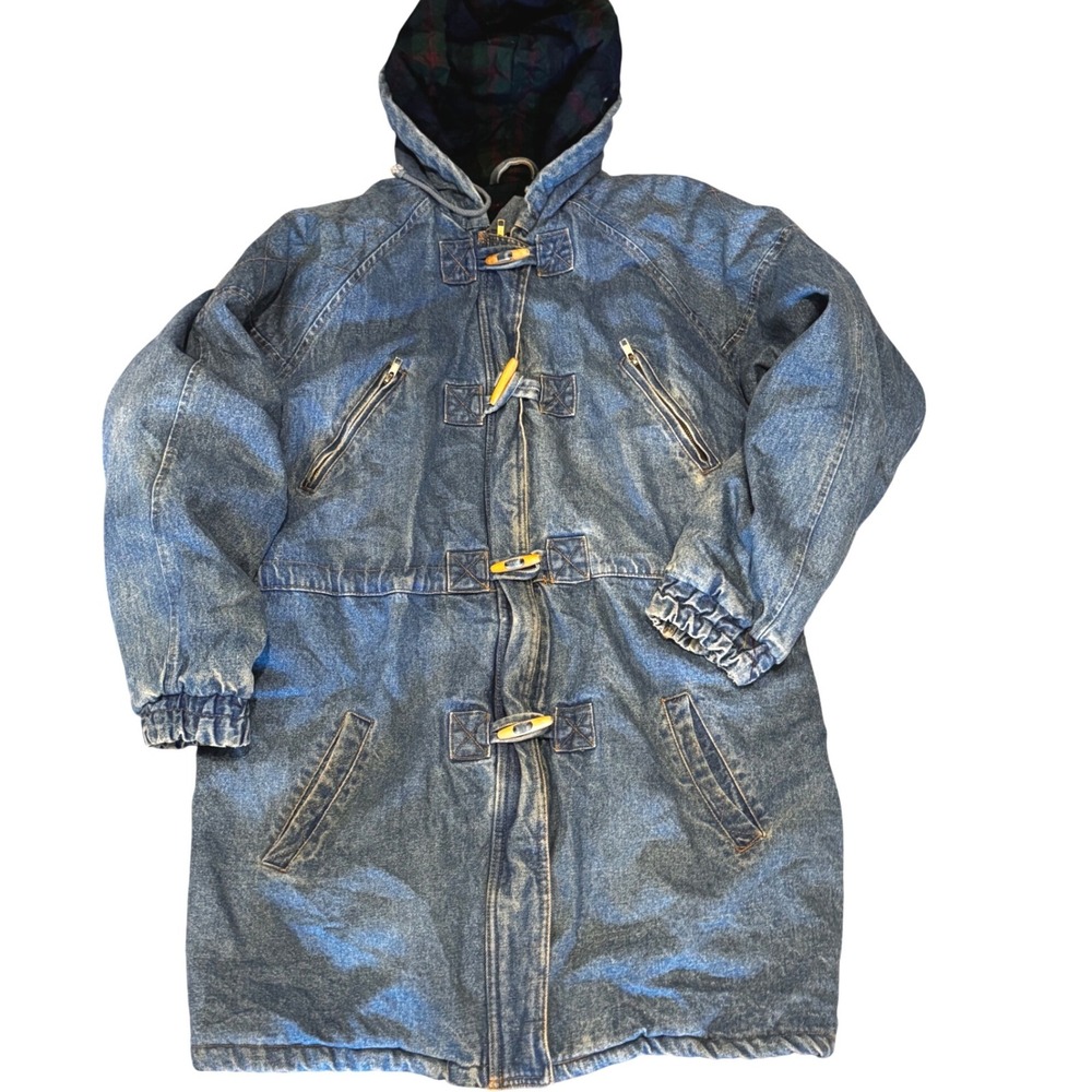 Weathered Blues Denim Toggle Parka Coat Hooded Acid Wash Blue Mens Medium